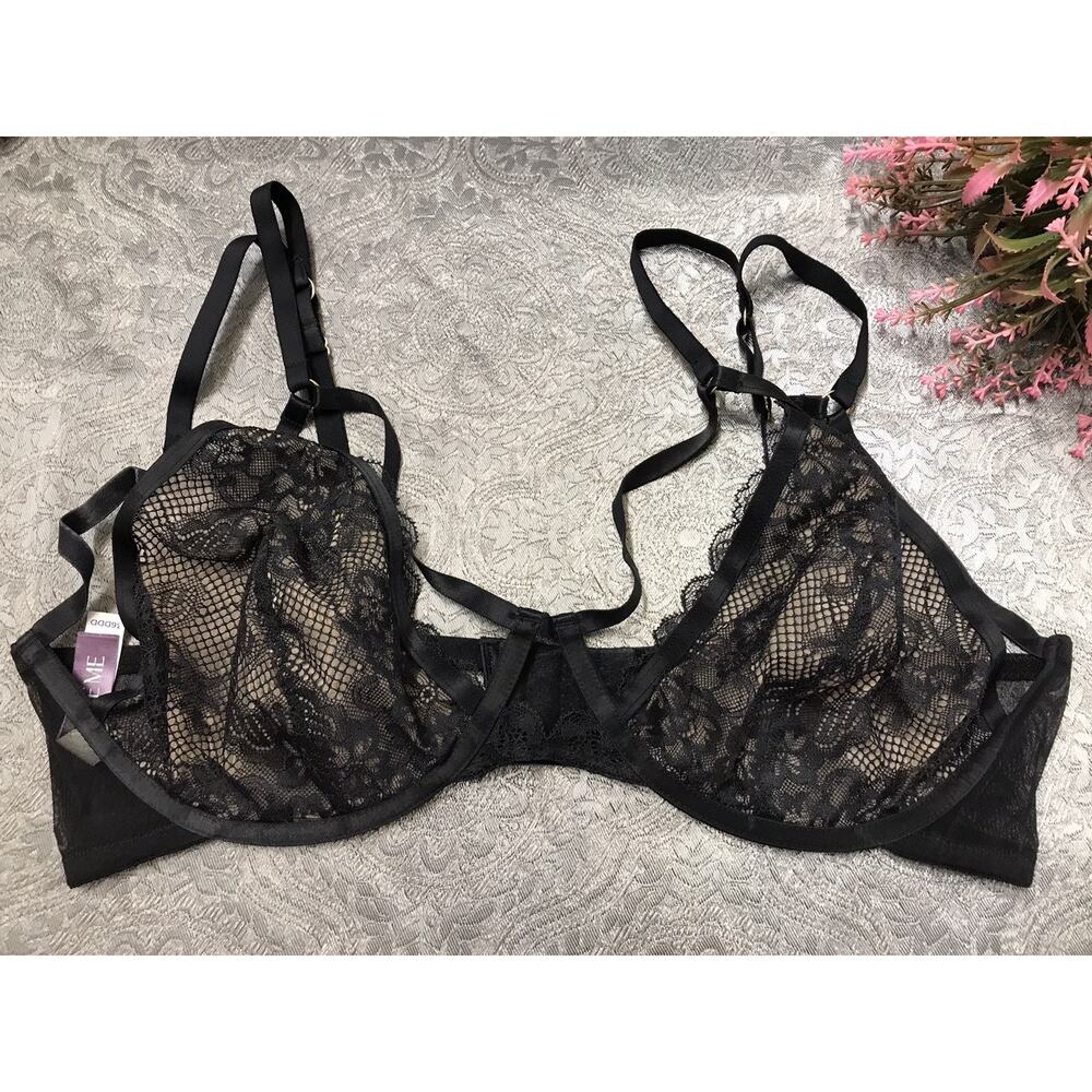 Adore Me Black UNLINED Underwire Bra Women’s 36DDD Sheer Floral Lace underwired